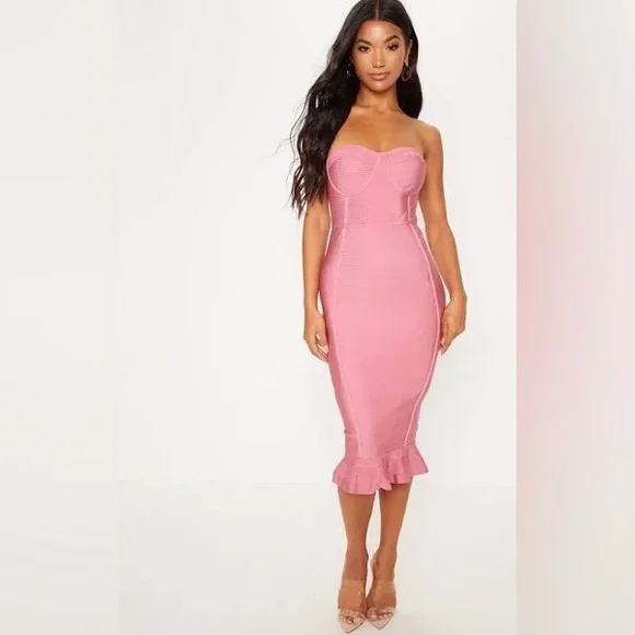 ROSE FRILL HEM BANDAGE MIDI DRESS - Picture 1 of 4